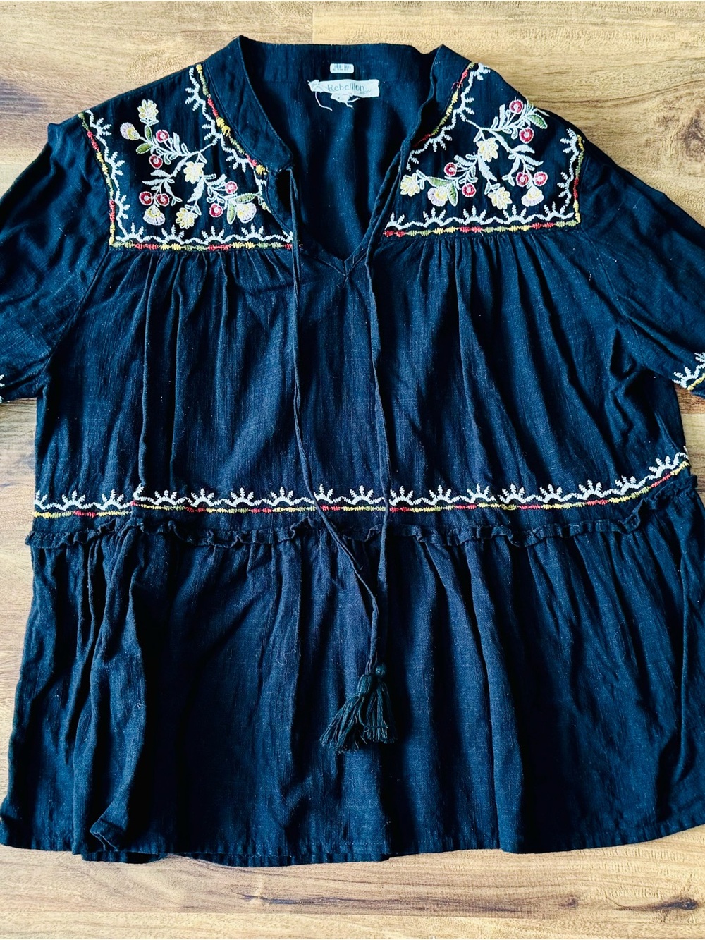 Rebellion Black Embroidered Peasant Blouse Size L
